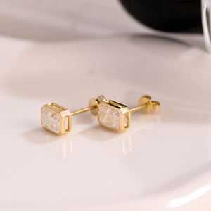 Solid Gold Solitaire Bezel Emerald Cut Moissanite Earring Studs Screw Backs