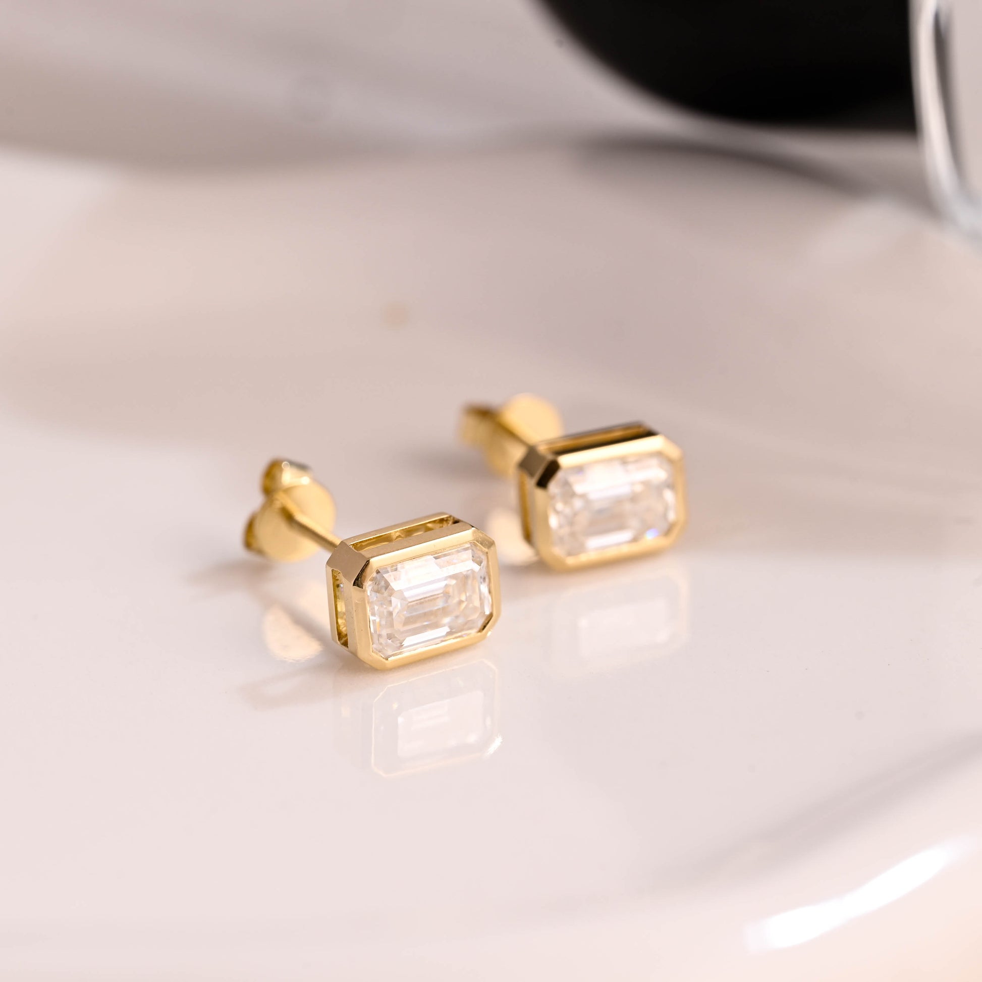 Solid Gold Solitaire Bezel Emerald Cut Moissanite Earring Studs Screw Backs