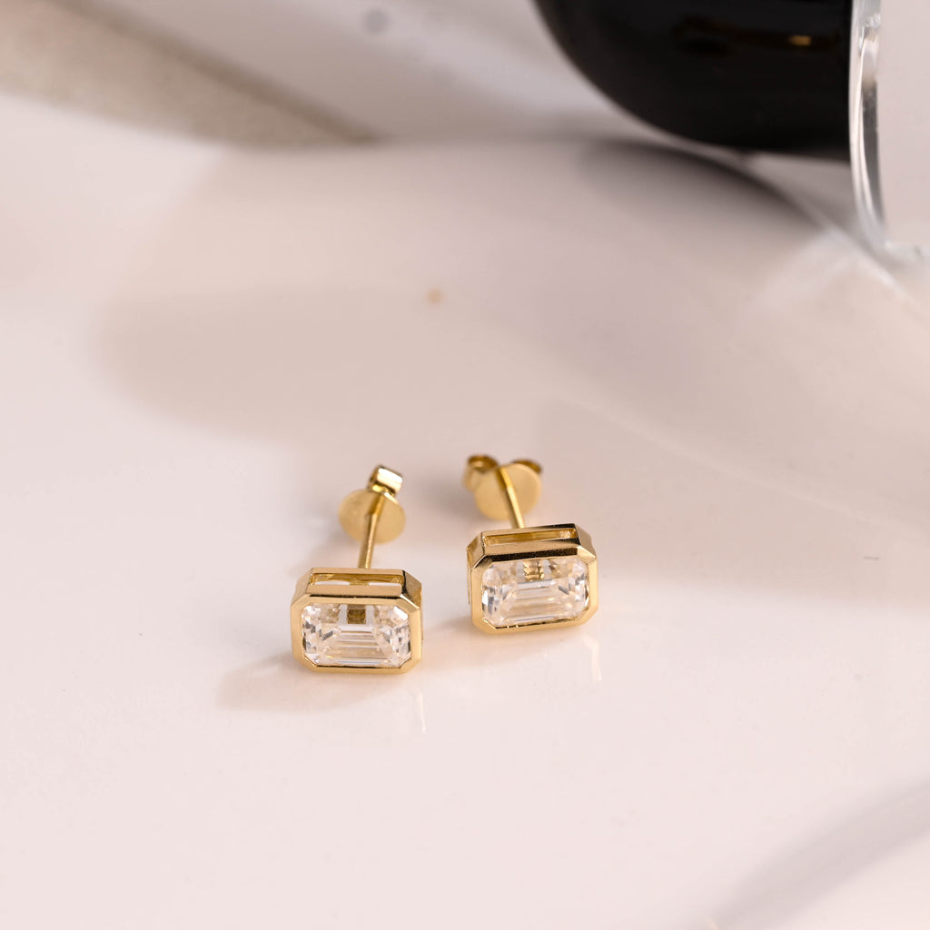 Solid Gold Solitaire Bezel Emerald Cut Moissanite Earring Studs Screw Backs