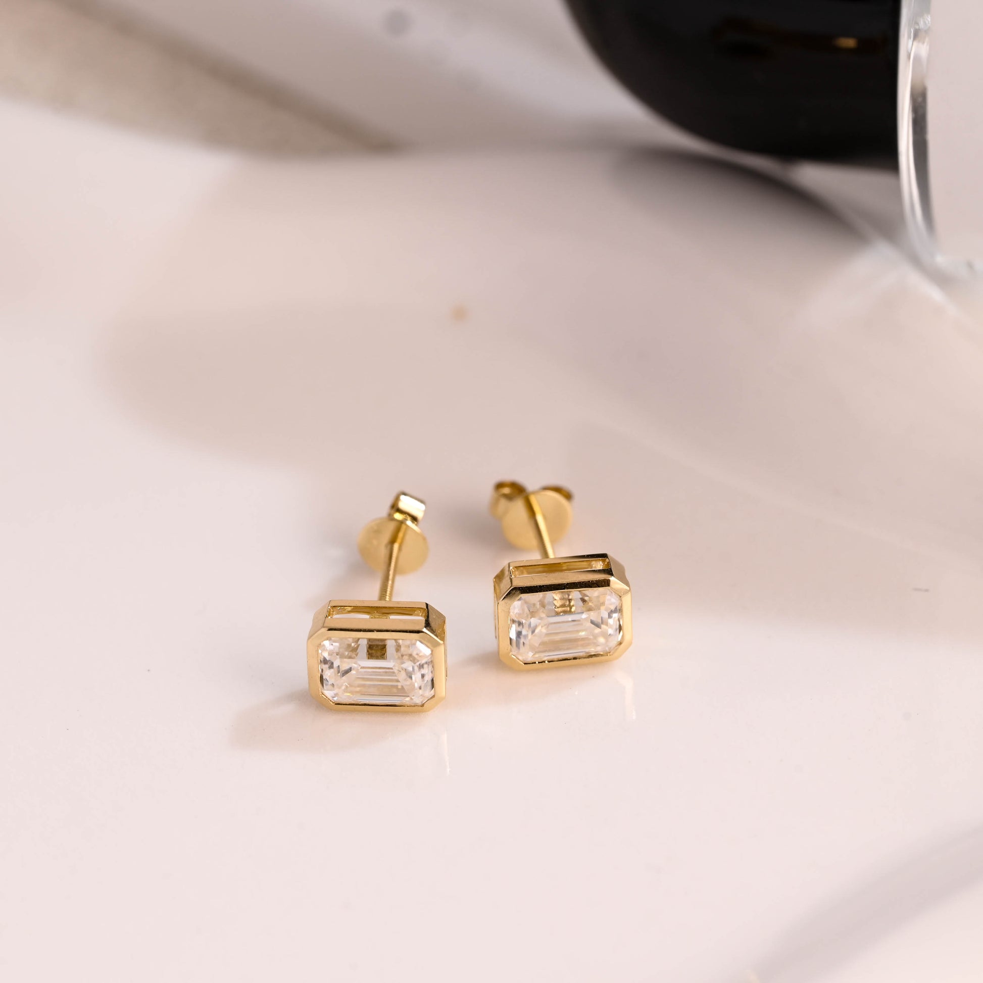 Solid Gold Solitaire Bezel Emerald Cut Moissanite Earring Studs Screw Backs