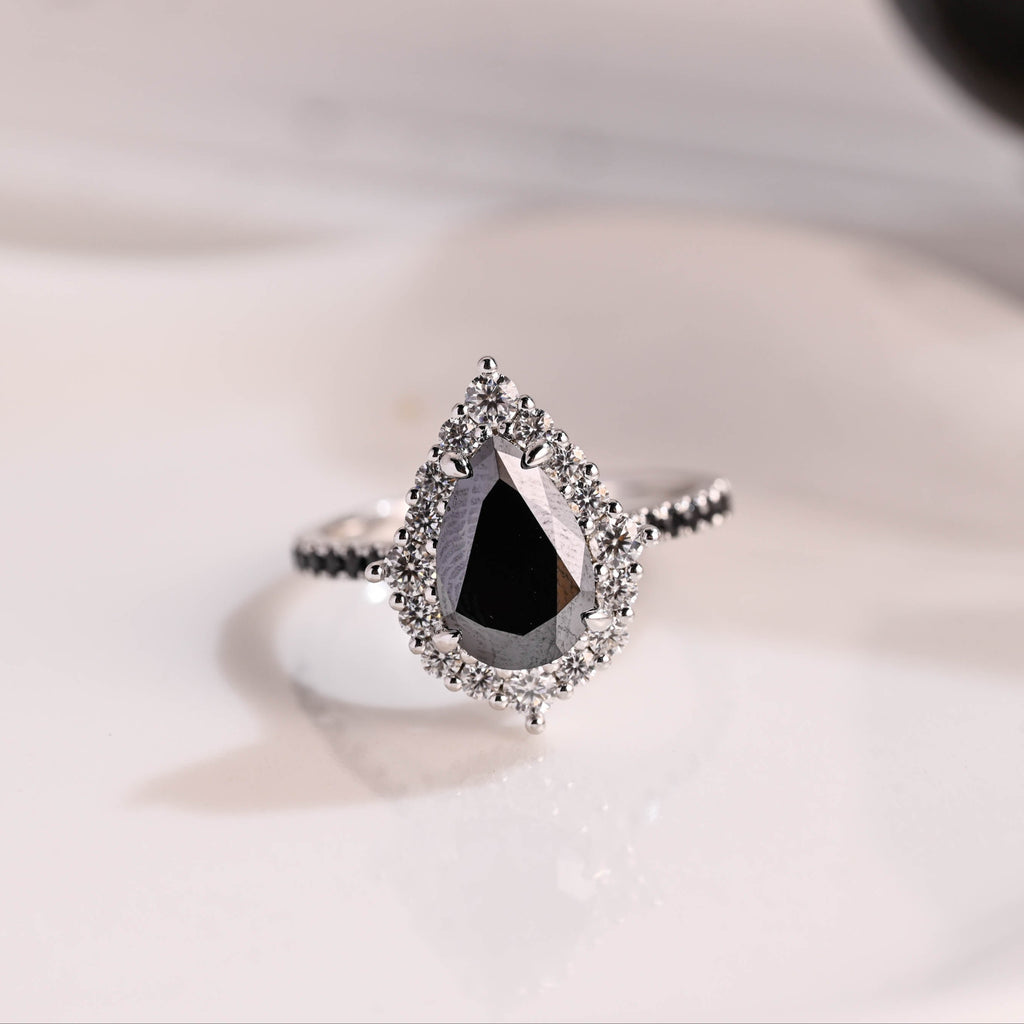 Solid Gold Hidden Halo Pear Cut Black Moissanite Engagement Ring