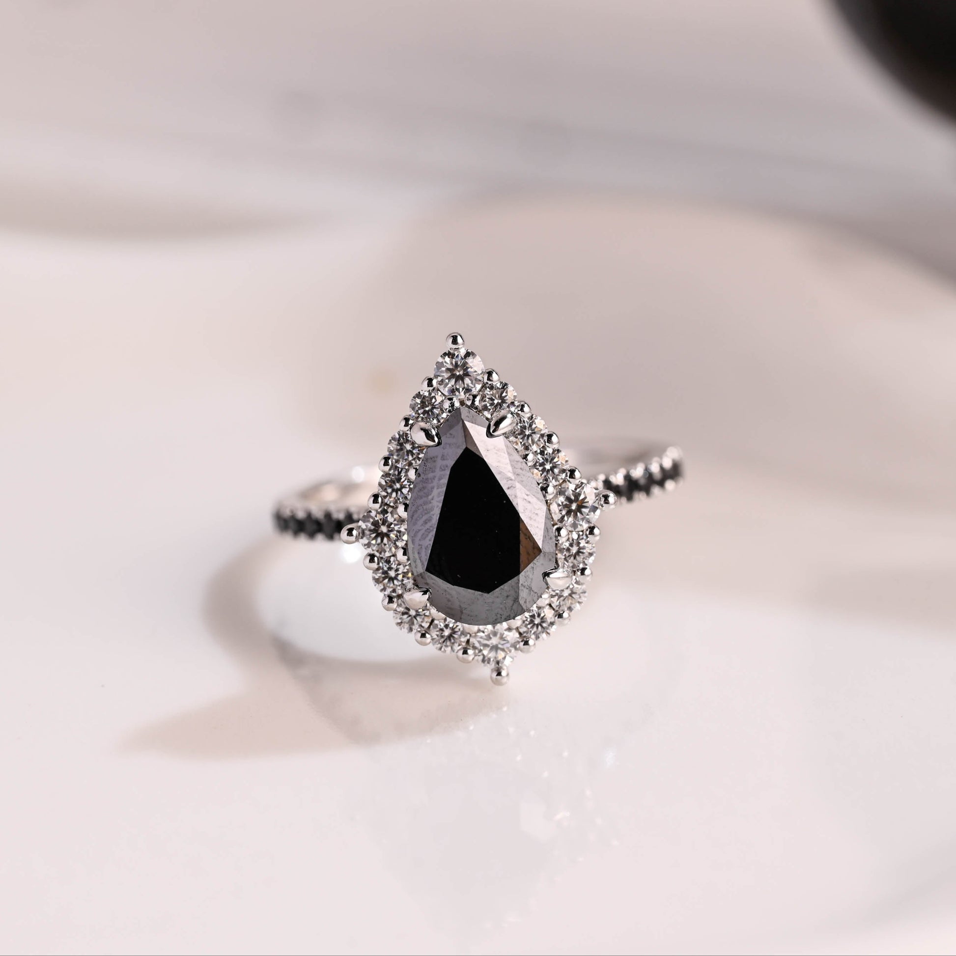 Solid Gold Hidden Halo Pear Cut Black Moissanite Engagement Ring