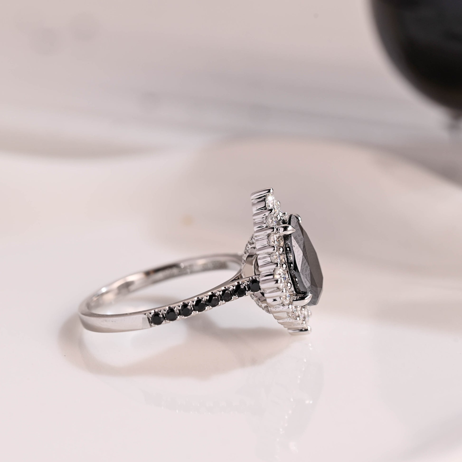 Solid Gold Hidden Halo Pear Cut Black Moissanite Engagement Ring