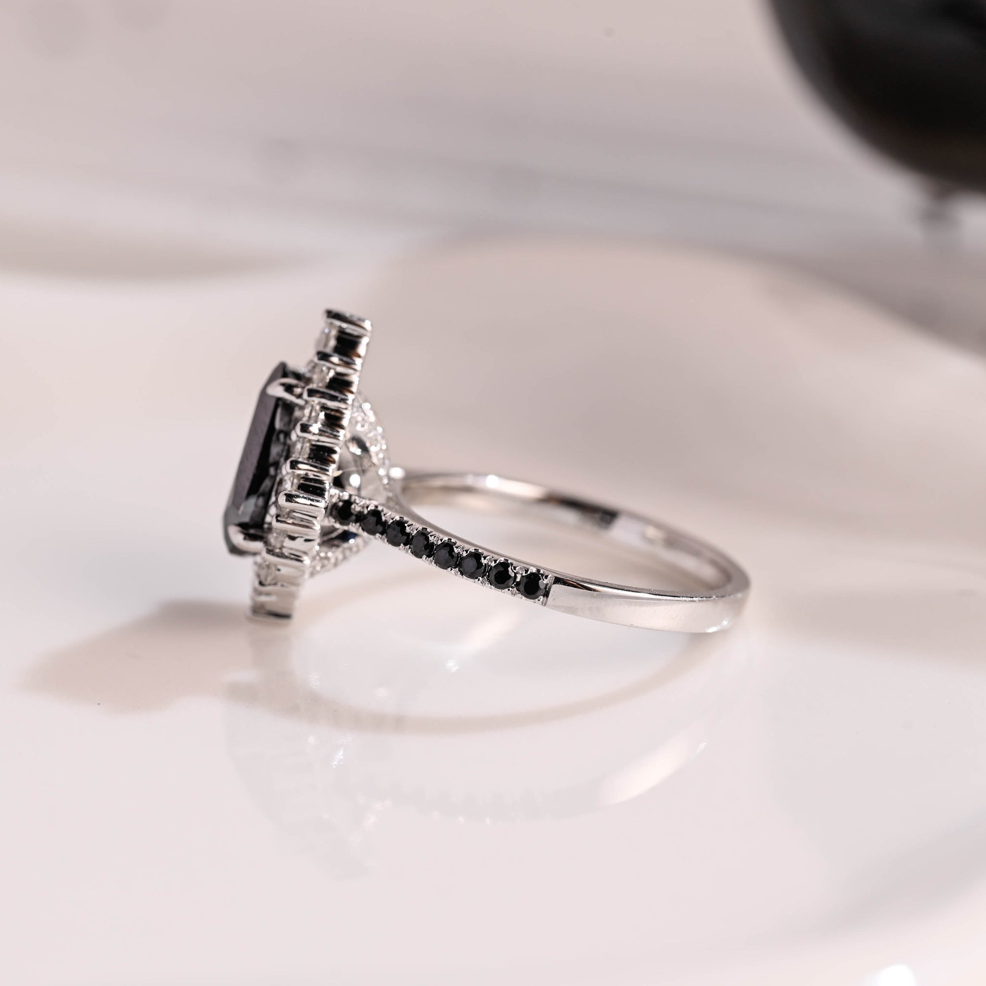 Solid Gold Hidden Halo Pear Cut Black Moissanite Engagement Ring
