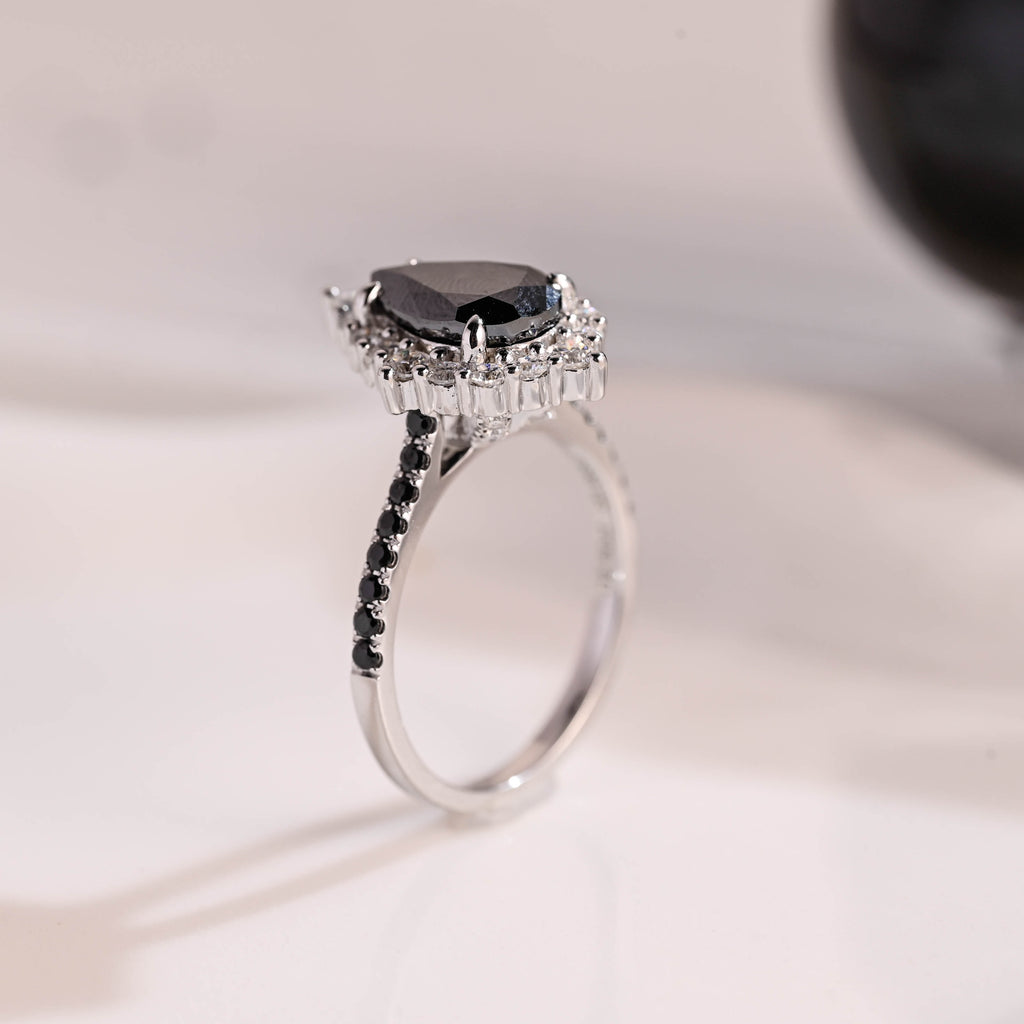 Solid Gold Hidden Halo Pear Cut Black Moissanite Engagement Ring