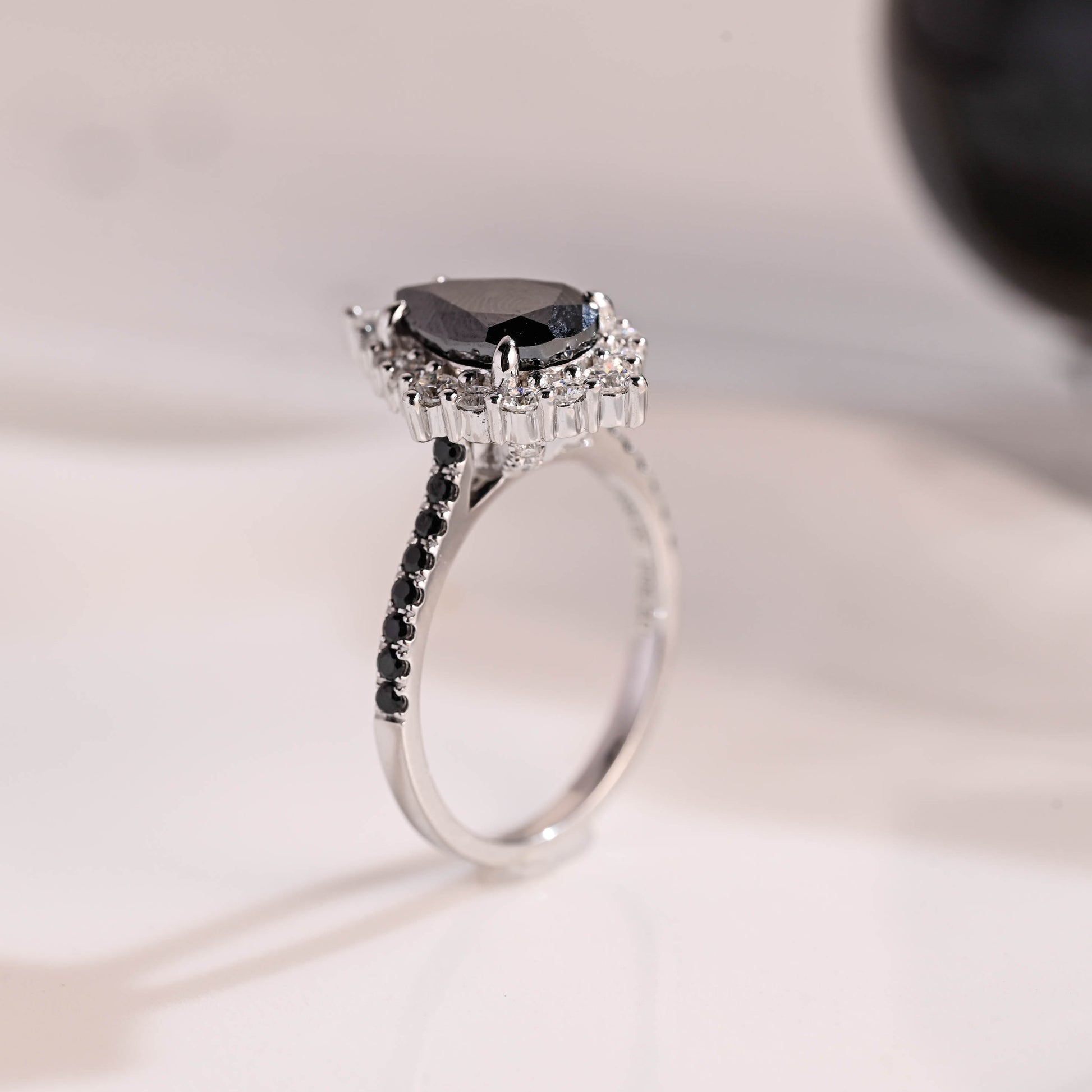 Solid Gold Hidden Halo Pear Cut Black Moissanite Engagement Ring