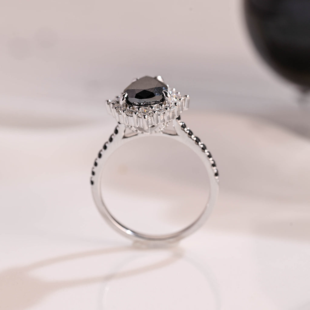 Solid Gold Hidden Halo Pear Cut Black Moissanite Engagement Ring