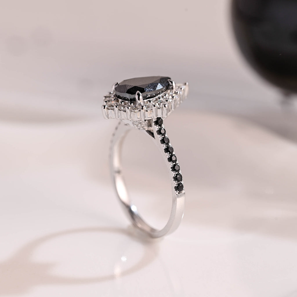 Solid Gold Hidden Halo Pear Cut Black Moissanite Engagement Ring