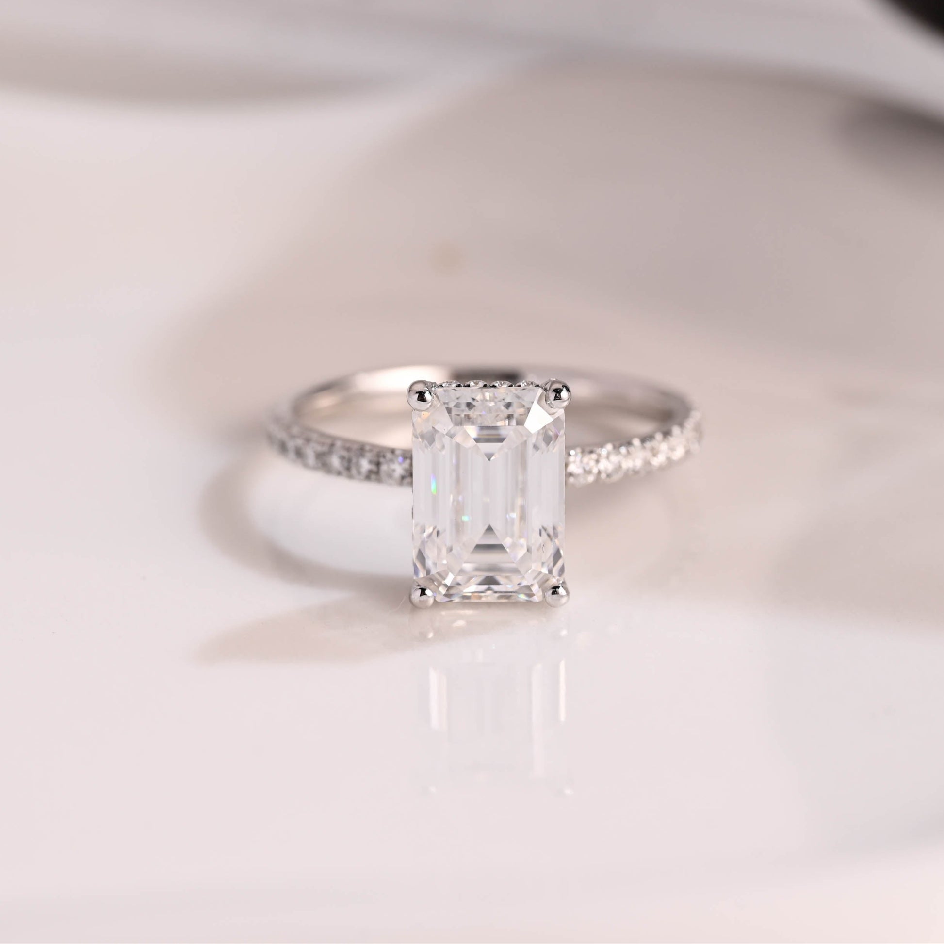 Solid Gold Hidden Halo Emerald Cut Moissanite Engagement Ring