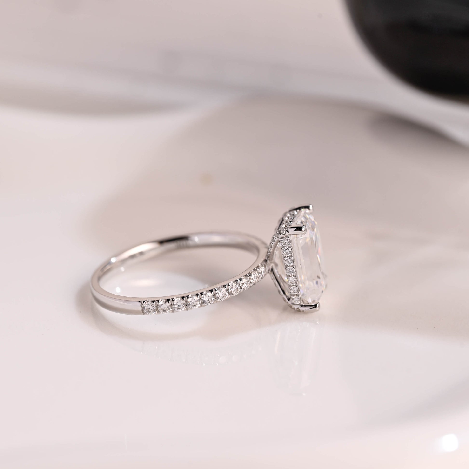 Solid Gold Hidden Halo Emerald Cut Moissanite Engagement Ring