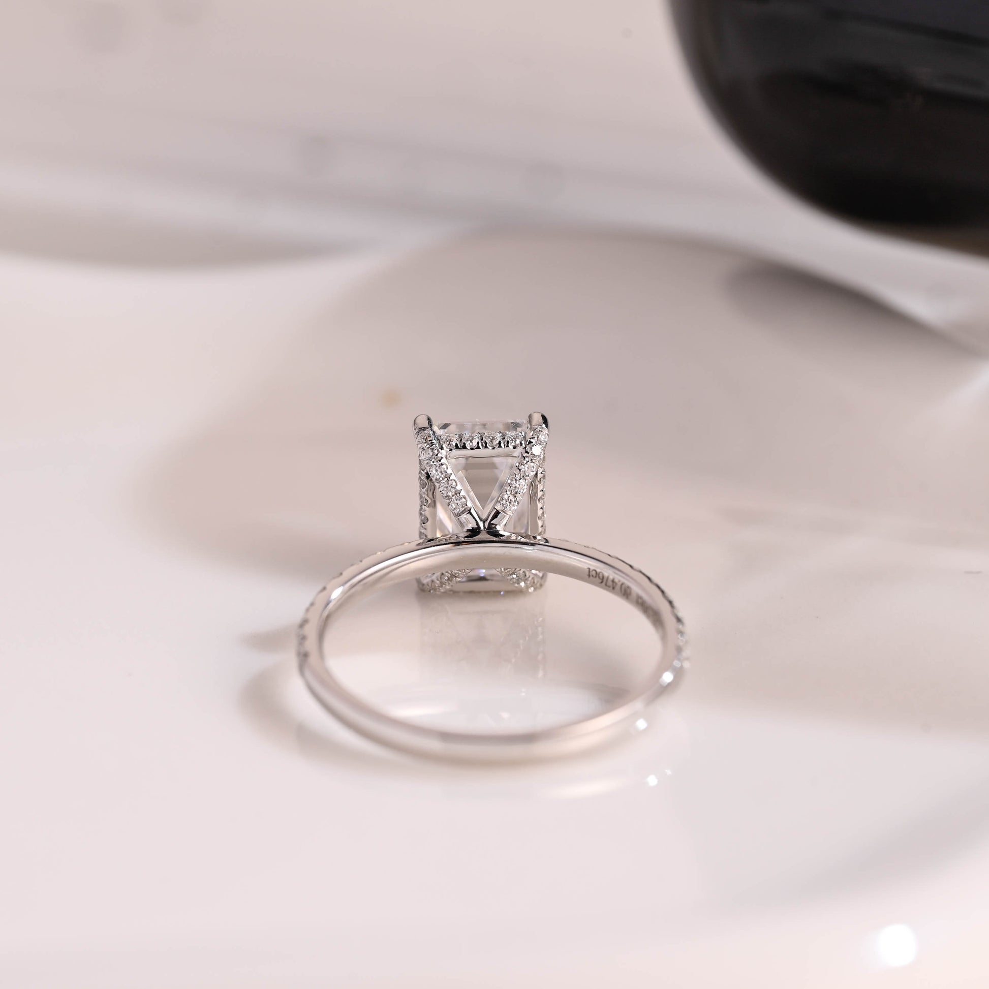 Solid Gold Hidden Halo Emerald Cut Moissanite Engagement Ring