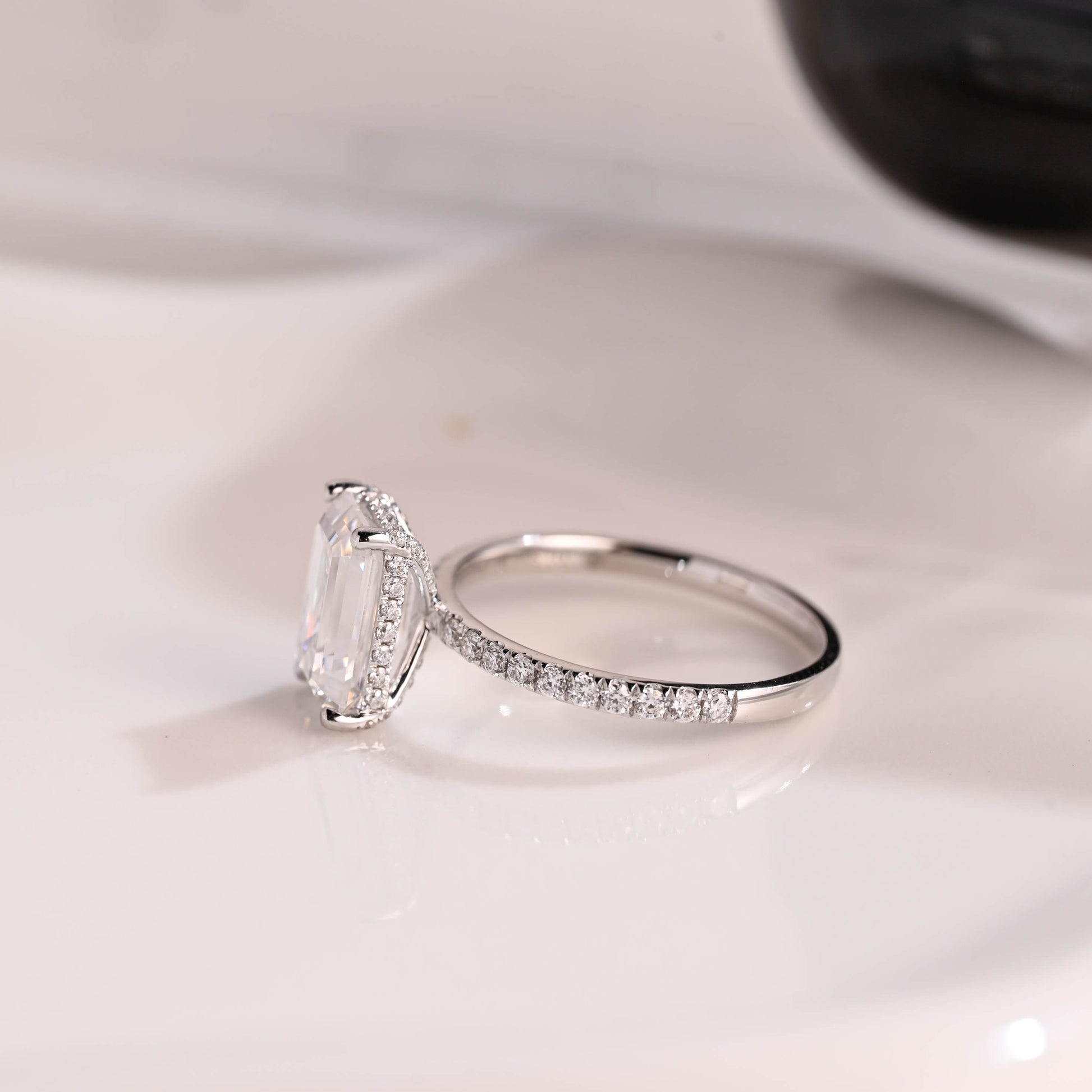 Solid Gold Hidden Halo Emerald Cut Moissanite Engagement Ring