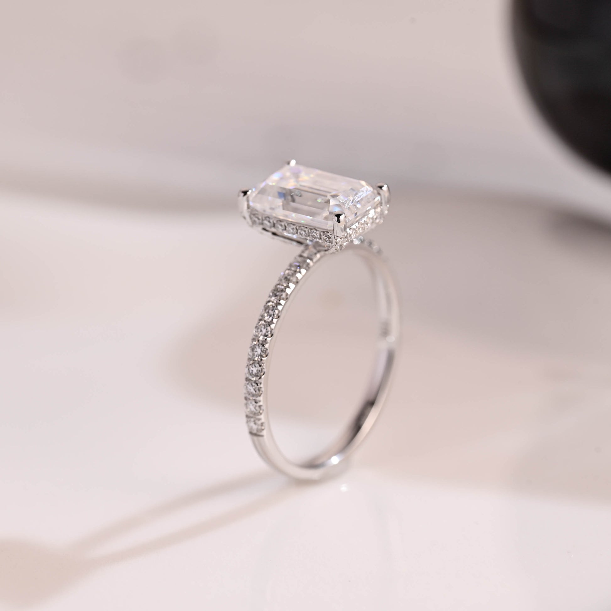Solid Gold Hidden Halo Emerald Cut Moissanite Engagement Ring