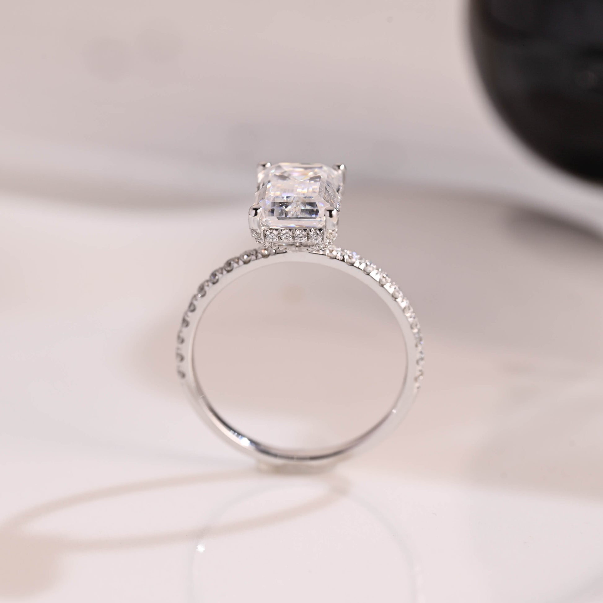 Solid Gold Hidden Halo Emerald Cut Moissanite Engagement Ring