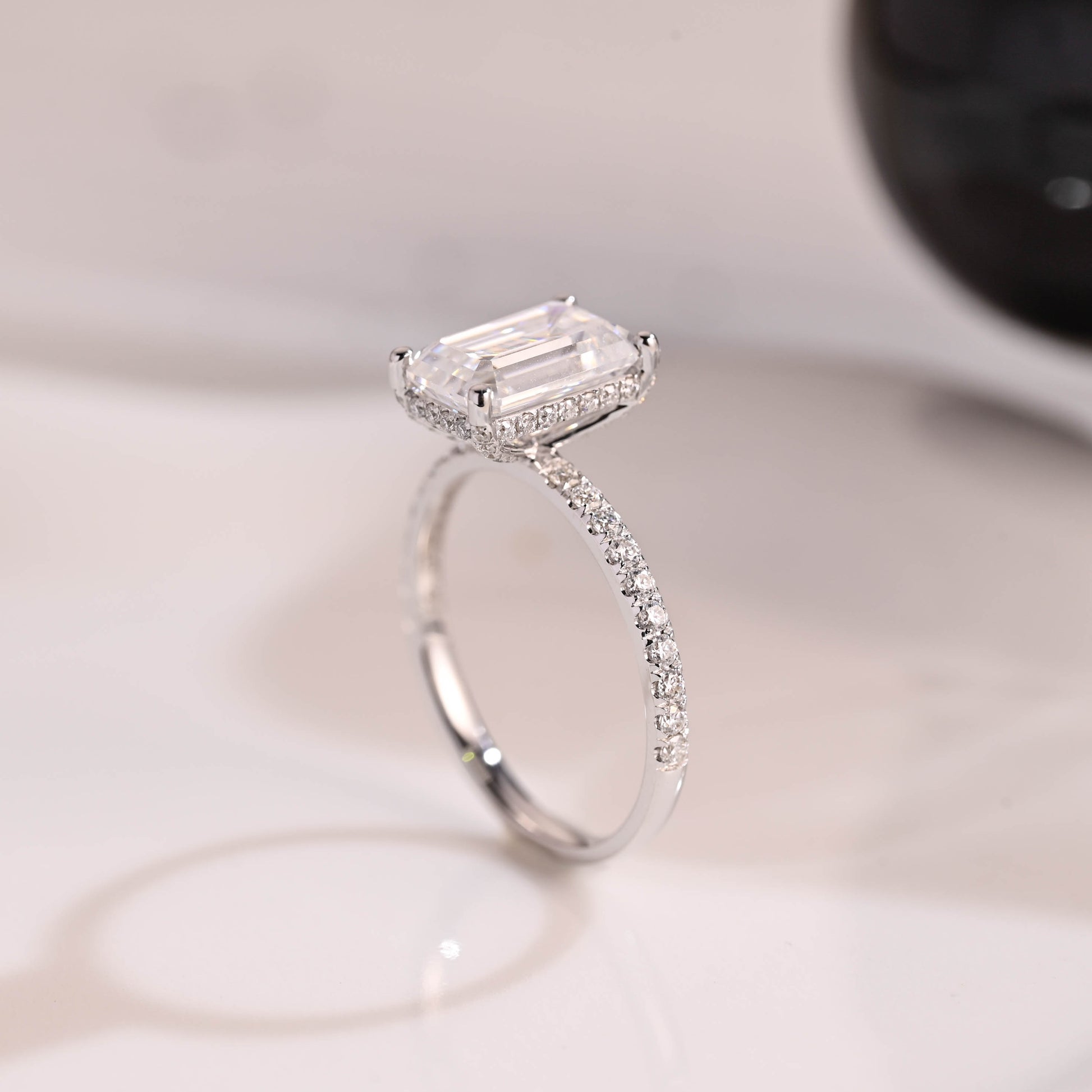 Solid Gold Hidden Halo Emerald Cut Moissanite Engagement Ring
