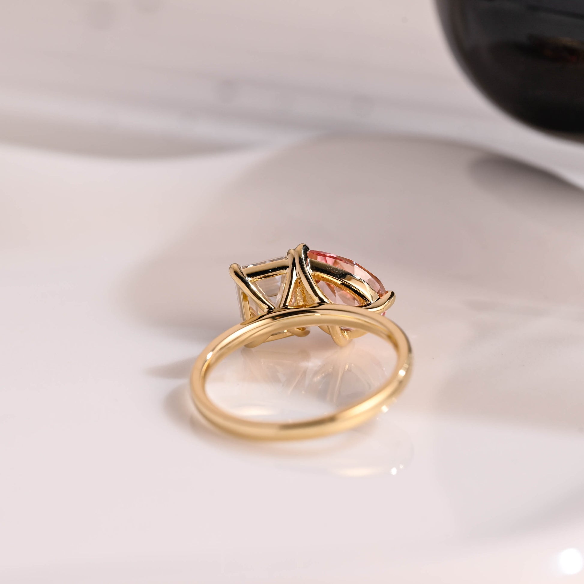 Solid Gold Toi et Moi Emerald Cut Moissanite & Pear Cut Pink Sapphire Engagement Ring