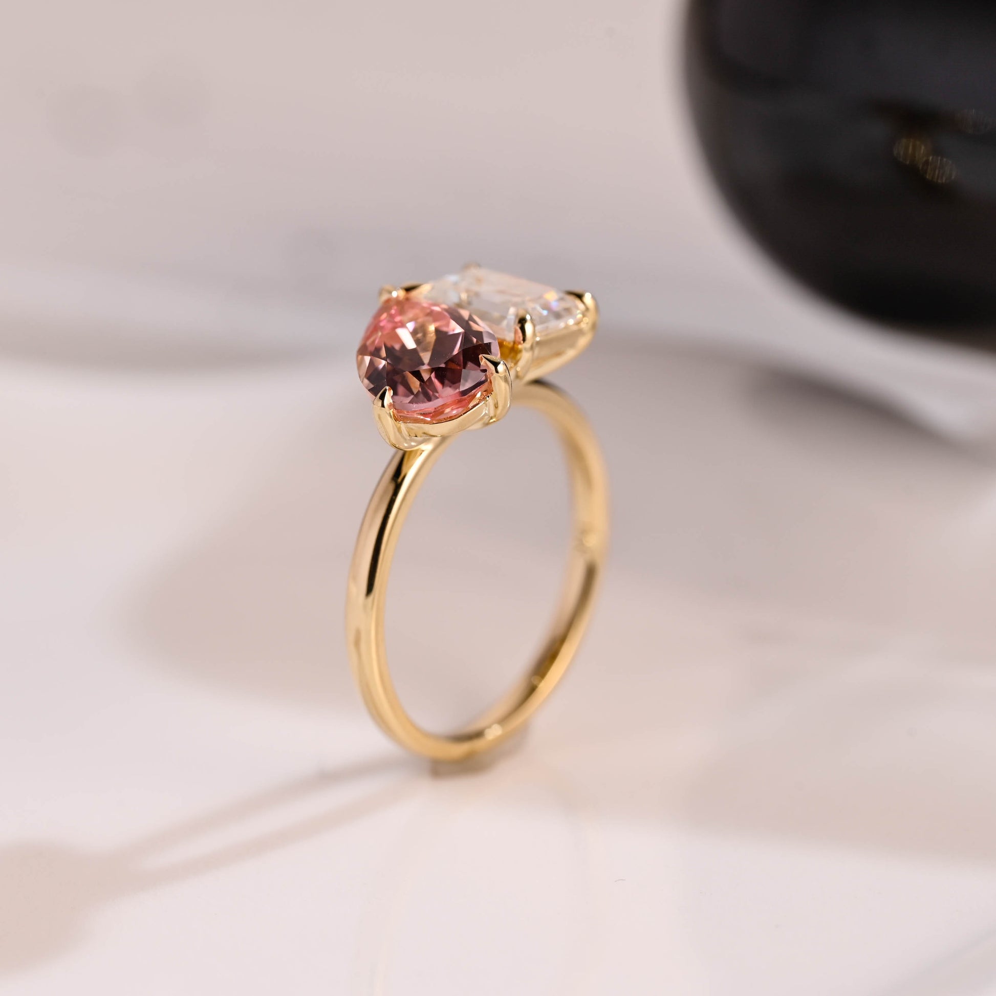 Solid Gold Toi et Moi Emerald Cut Moissanite & Pear Cut Pink Sapphire Engagement Ring
