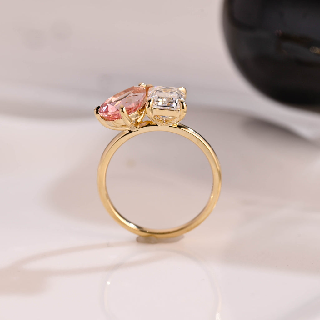 Solid Gold Toi et Moi Emerald Cut Moissanite & Pear Cut Pink Sapphire Engagement Ring