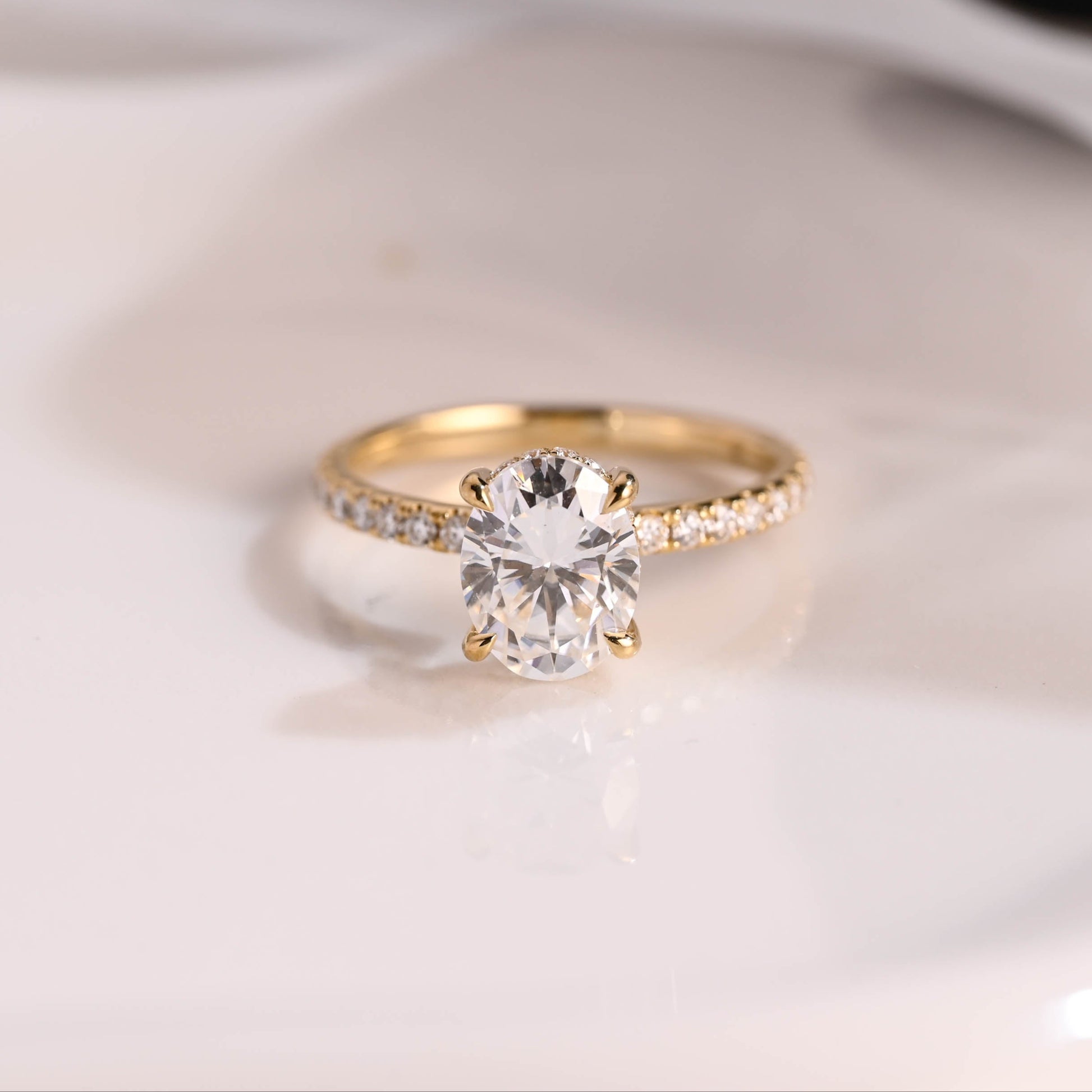 Solid Gold Hidden Halo Oval Cut Moissanite Engagement Ring
