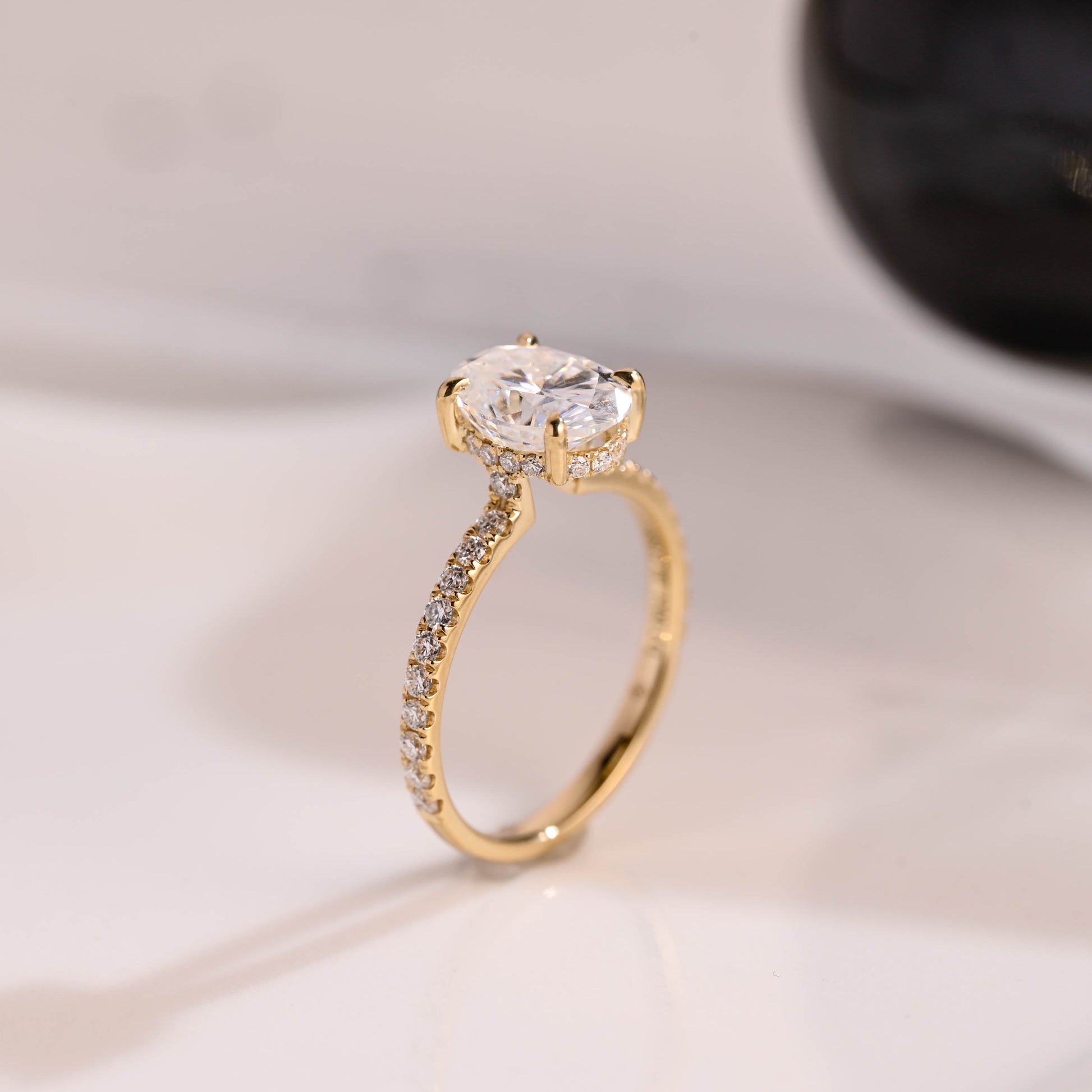 Solid Gold Hidden Halo Oval Cut Moissanite Engagement Ring
