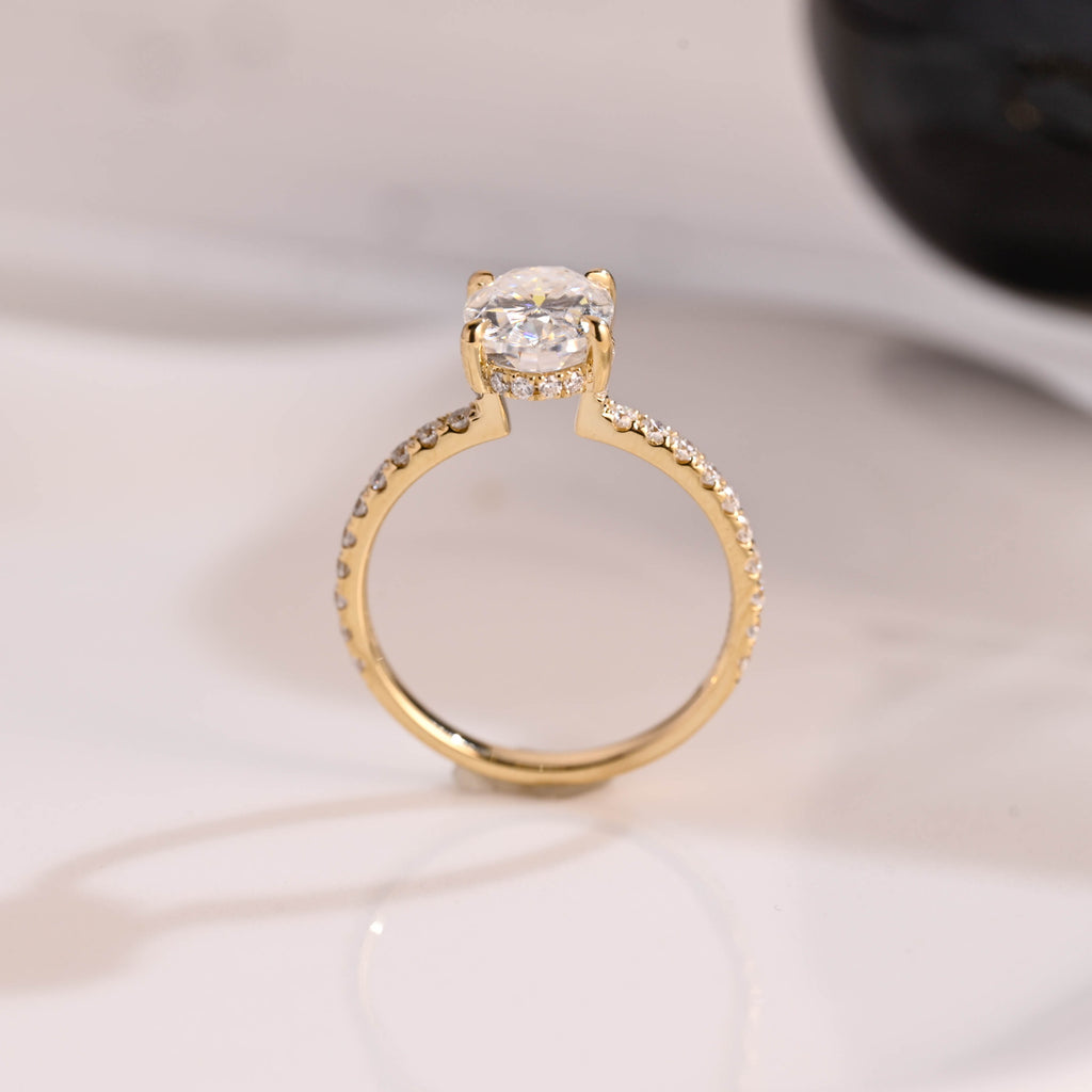 Solid Gold Hidden Halo Oval Cut Moissanite Engagement Ring