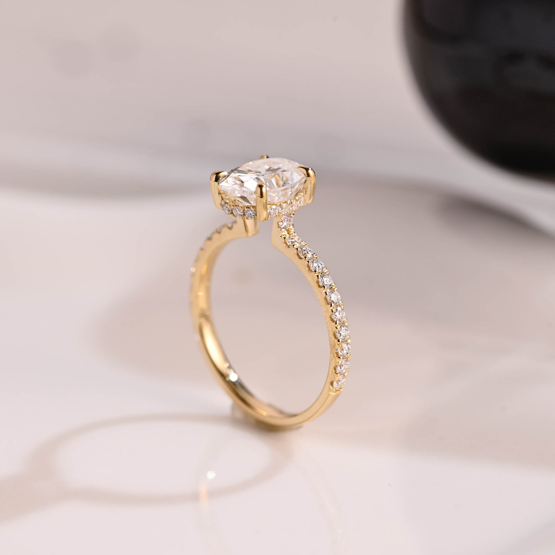 Solid Gold Hidden Halo Oval Cut Moissanite Engagement Ring