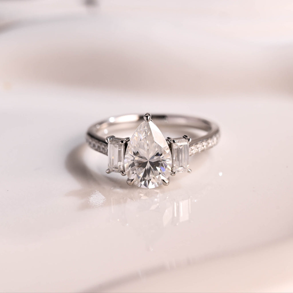 Solid Gold Three Stone Hidden Halo Pear Cut Moissanite Engagement Ring