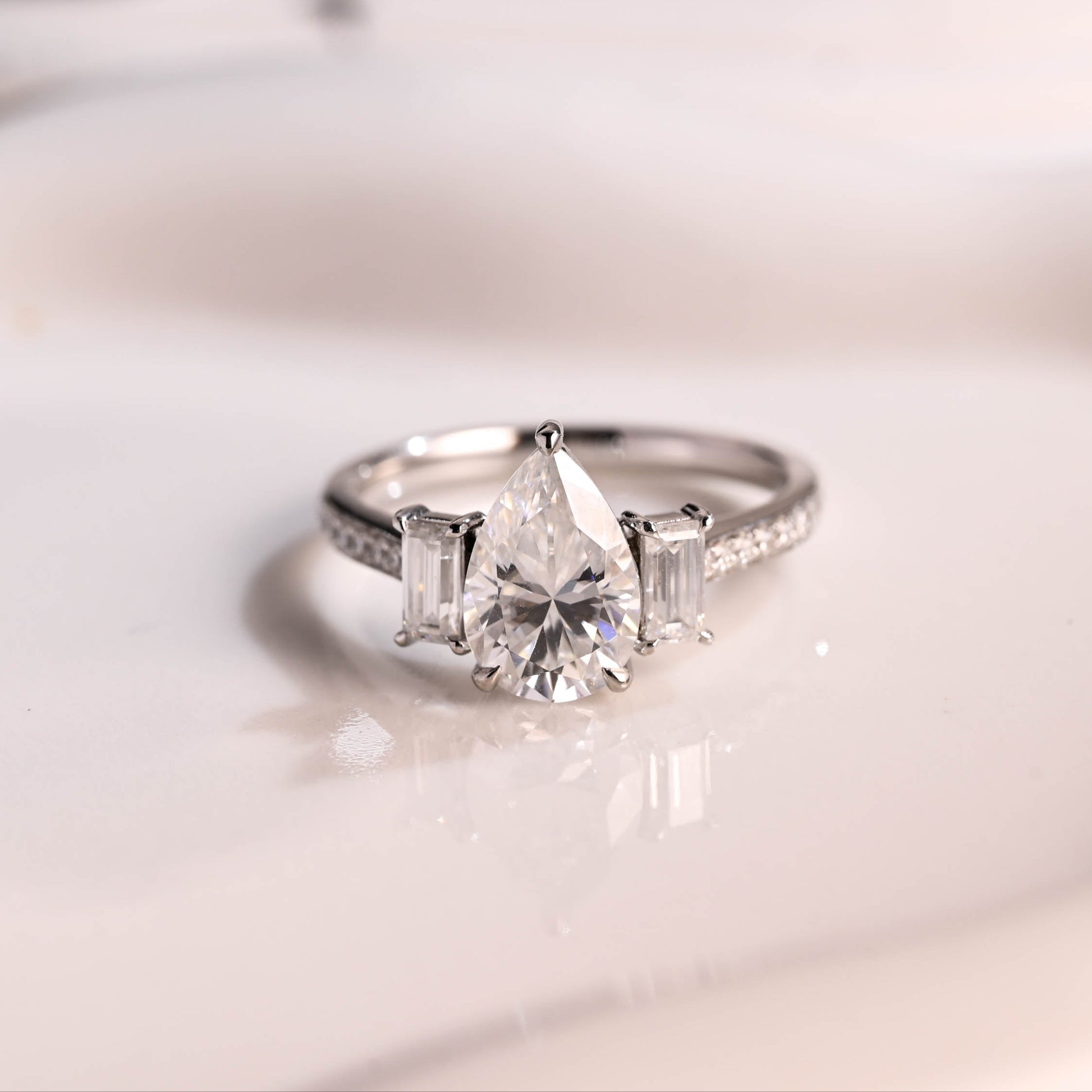 Solid Gold Three Stone Hidden Halo Pear Cut Moissanite Engagement Ring