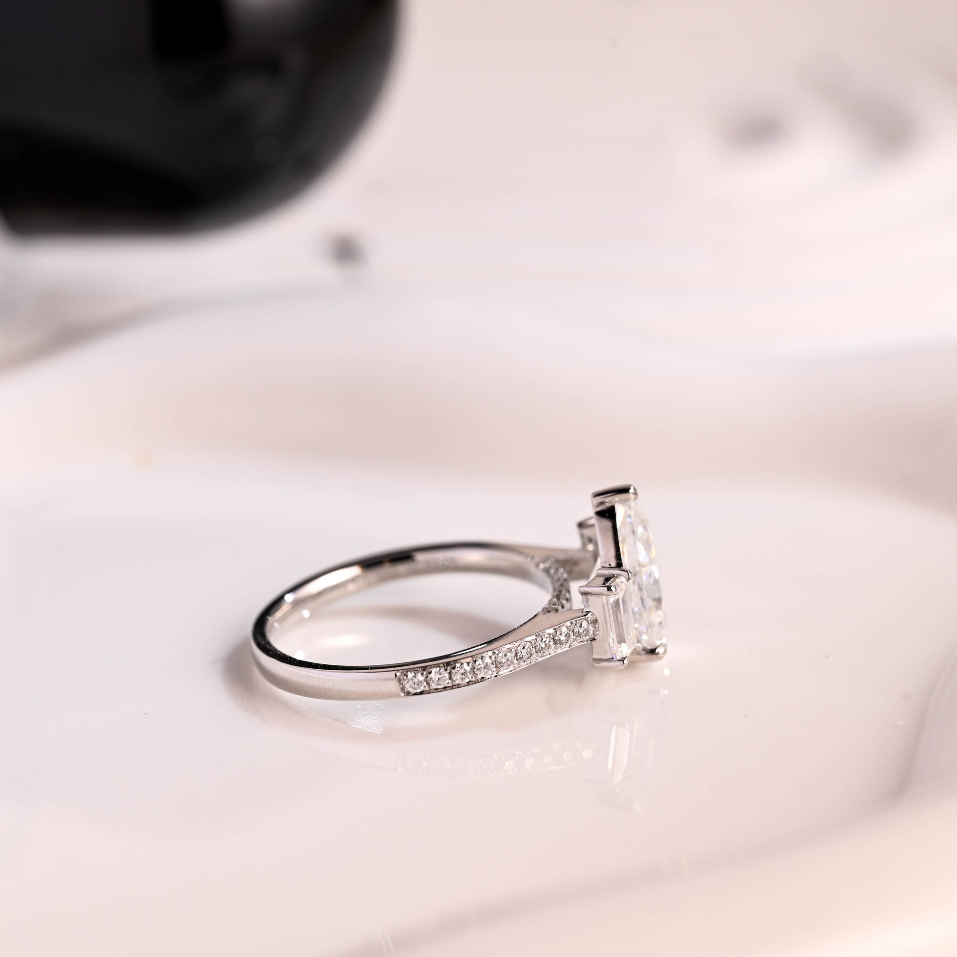 Solid Gold Three Stone Hidden Halo Pear Cut Moissanite Engagement Ring
