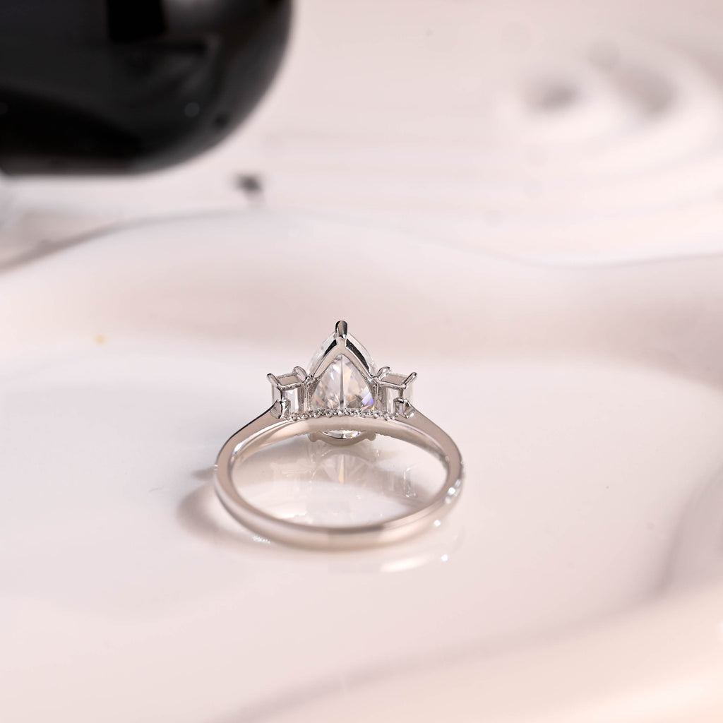 Solid Gold Three Stone Hidden Halo Pear Cut Moissanite Engagement Ring