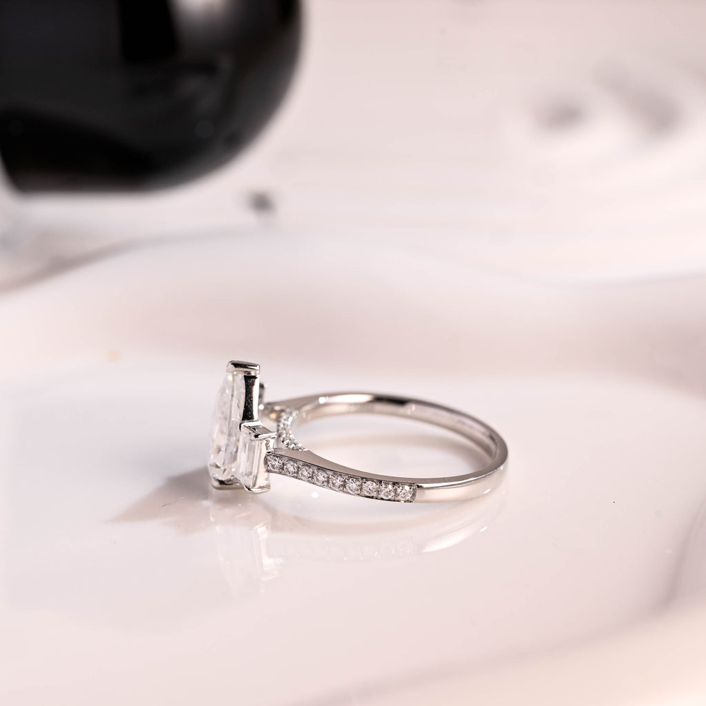 Solid Gold Three Stone Hidden Halo Pear Cut Moissanite Engagement Ring