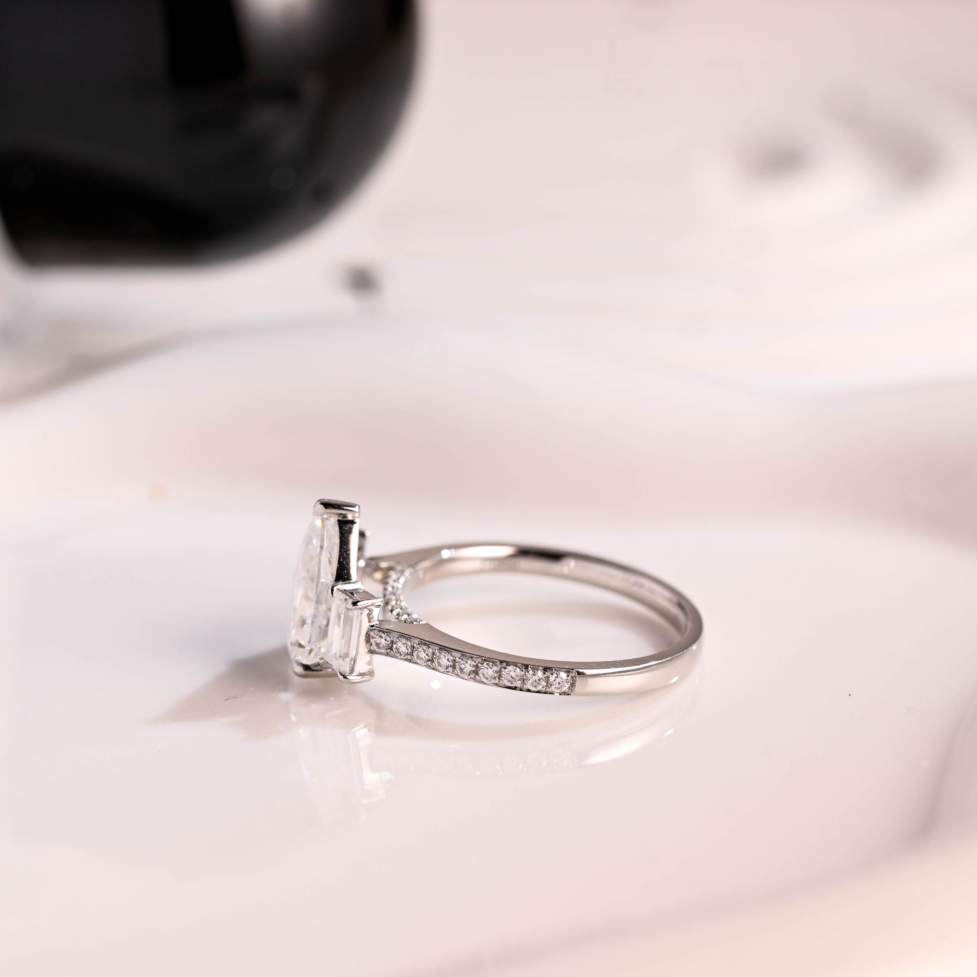 Solid Gold Three Stone Hidden Halo Pear Cut Moissanite Engagement Ring