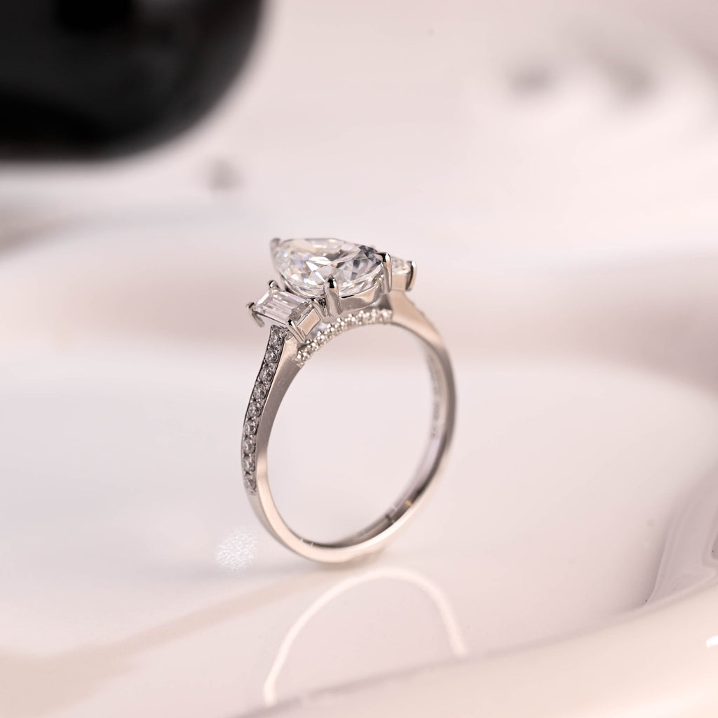 Solid Gold Three Stone Hidden Halo Pear Cut Moissanite Engagement Ring