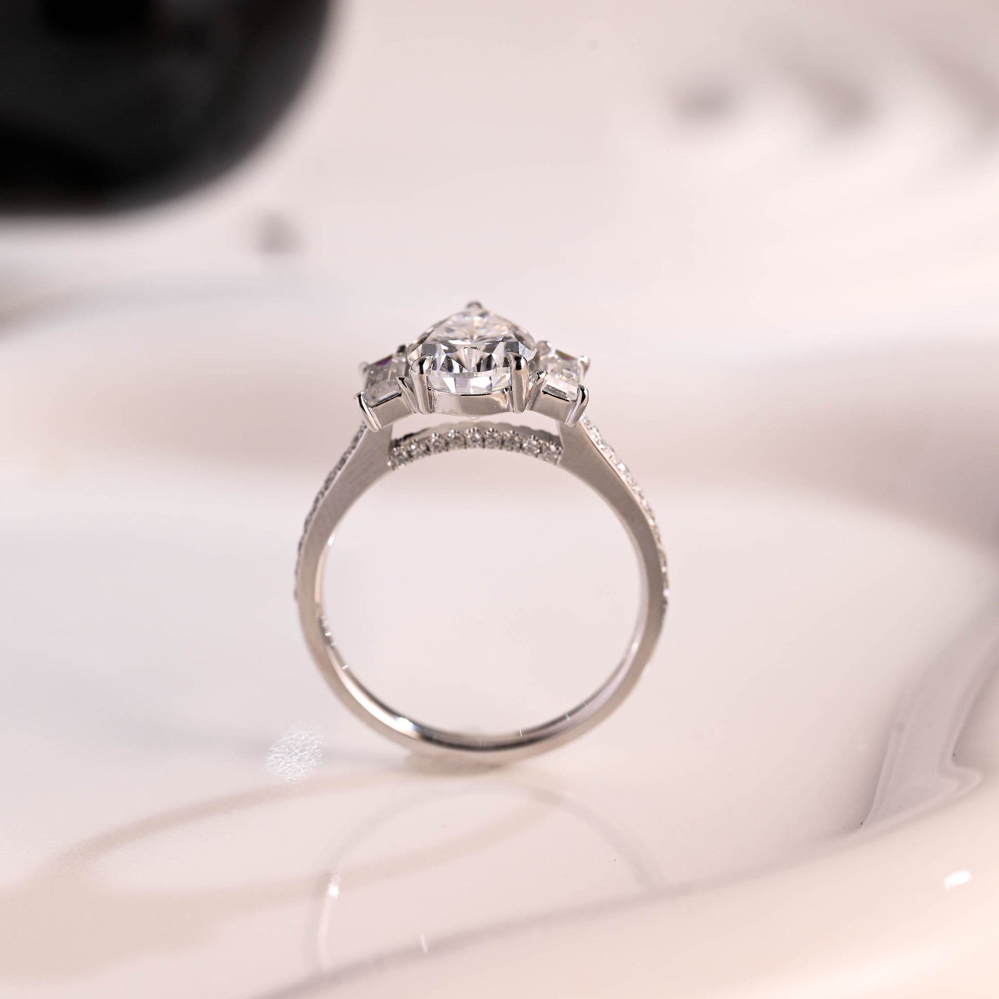 Solid Gold Three Stone Hidden Halo Pear Cut Moissanite Engagement Ring