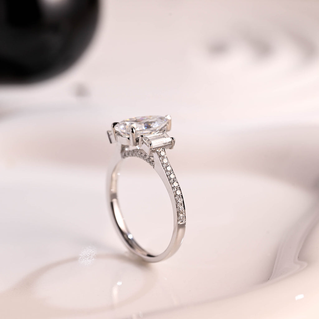 Solid Gold Three Stone Hidden Halo Pear Cut Moissanite Engagement Ring