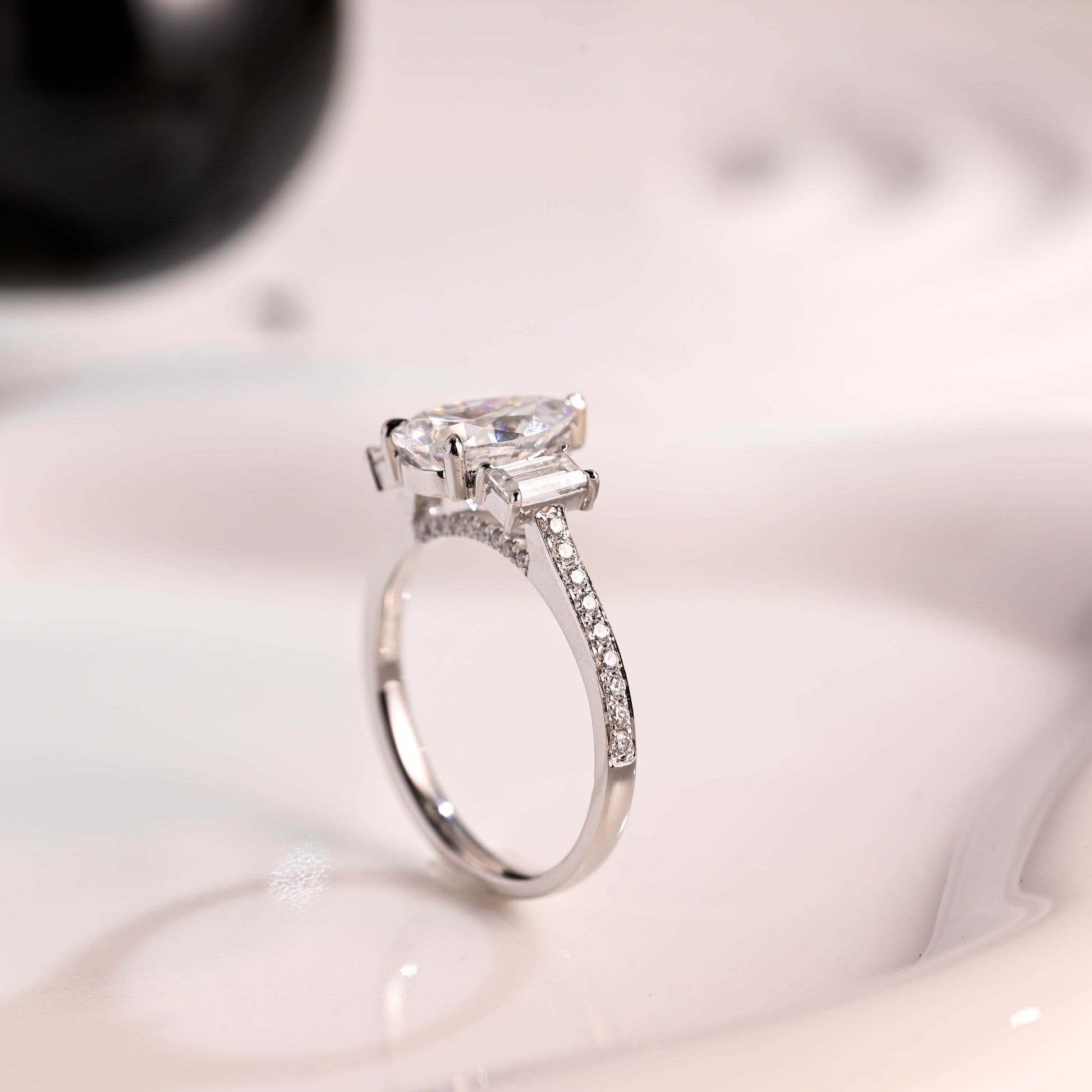 Solid Gold Three Stone Hidden Halo Pear Cut Moissanite Engagement Ring