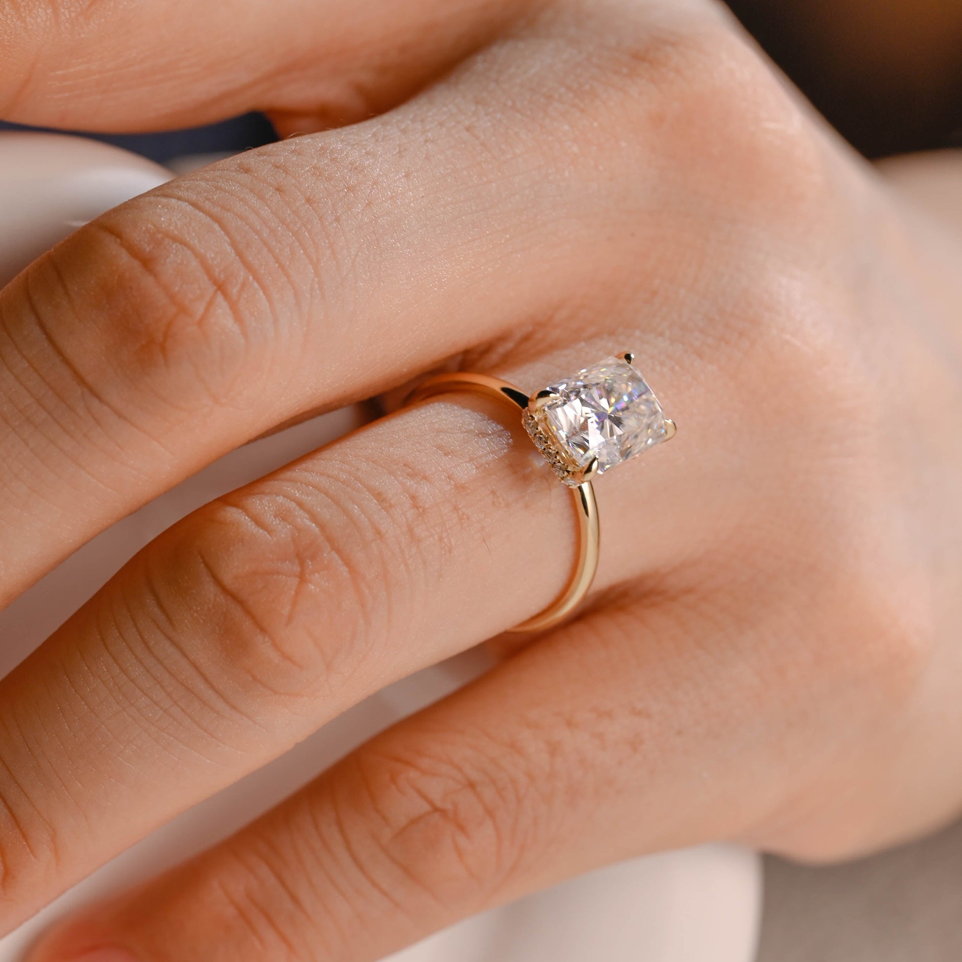 Solid Gold Hidden Halo Radiant Cut Moissanite Engagement Ring