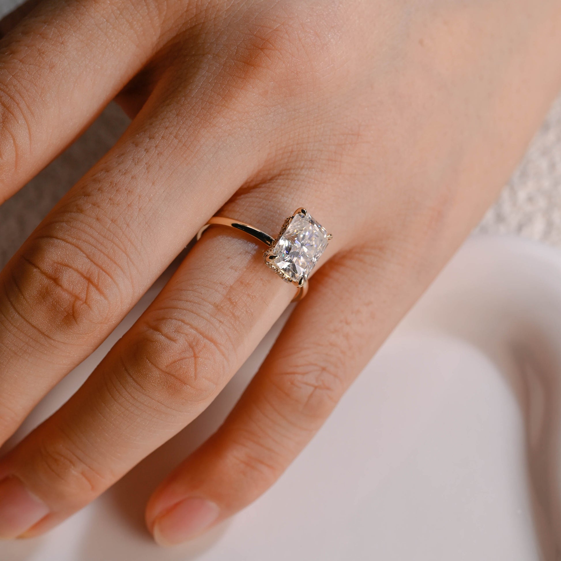 Solid Gold Hidden Halo Radiant Cut Moissanite Engagement Ring