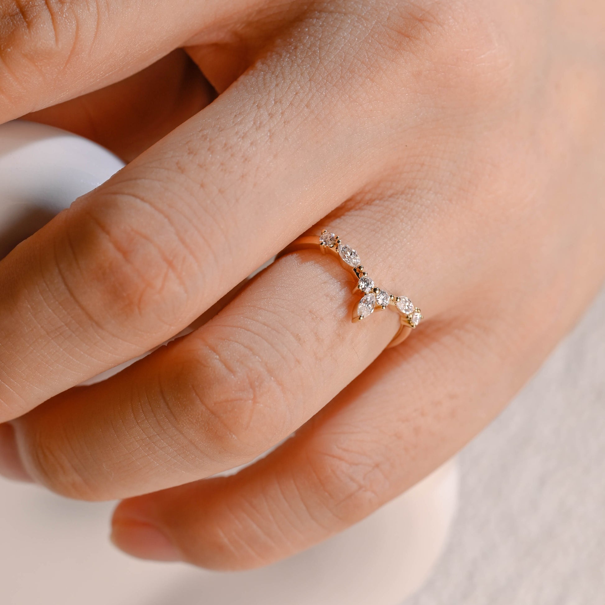 Solid Gold Curved Marquise & Round Cut Moissanite Wedding Band