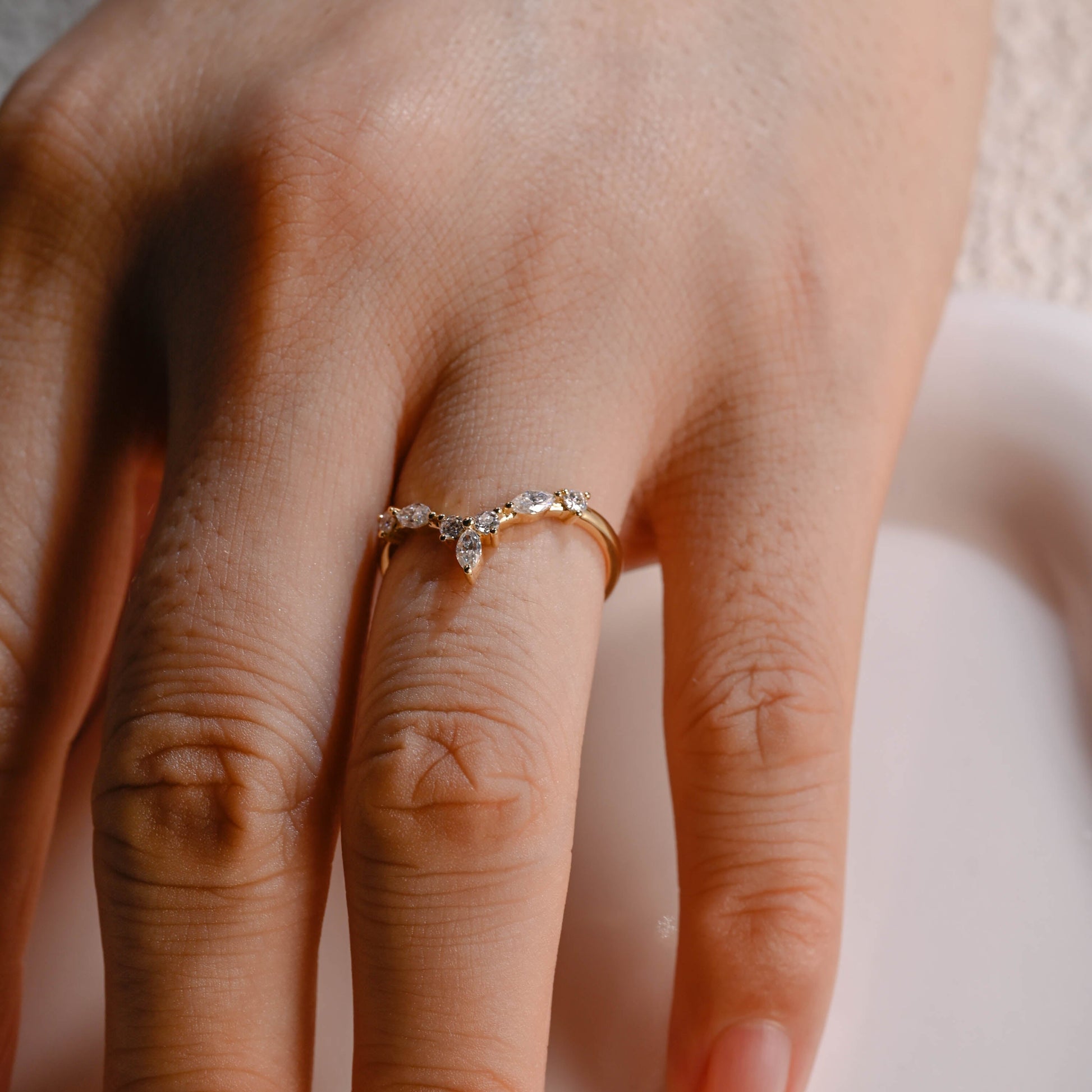 Solid Gold Curved Marquise & Round Cut Moissanite Wedding Band