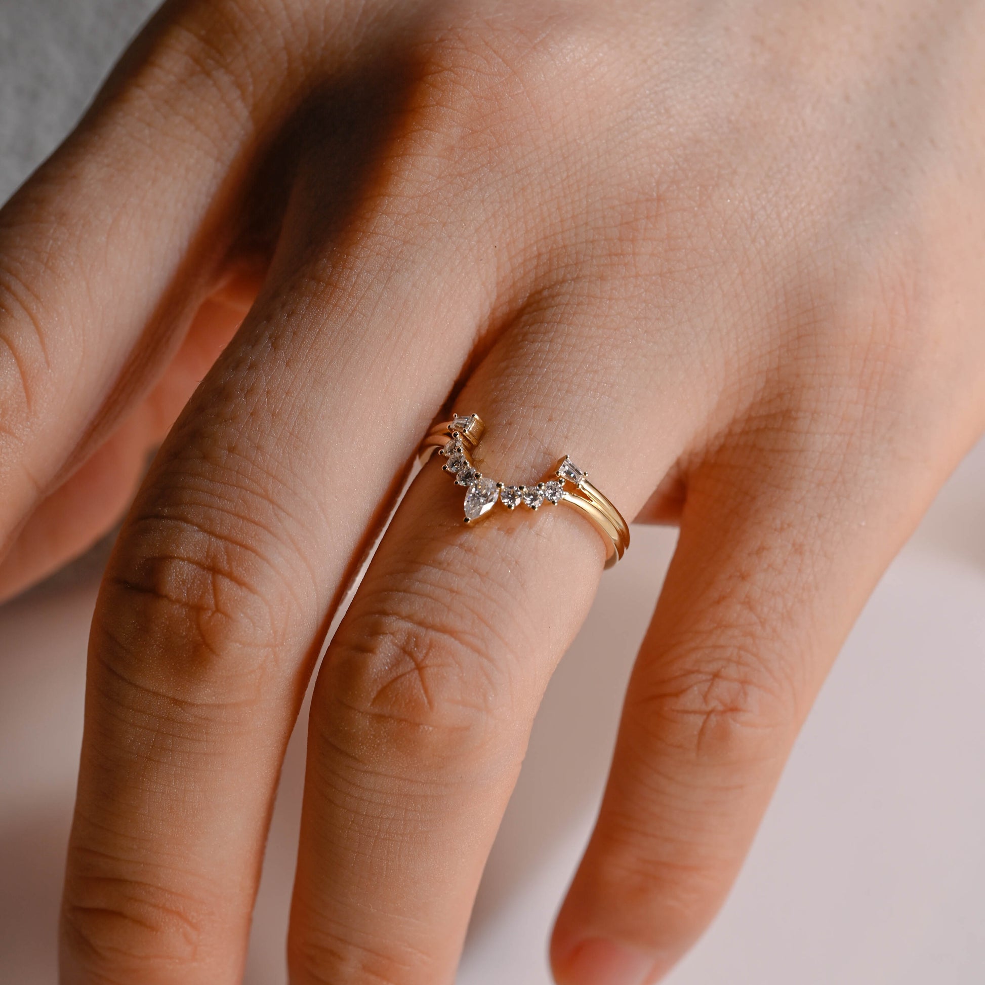 Solid Gold Curved Pear & Round & Trapezoid Cut Moissanite Wedding Band