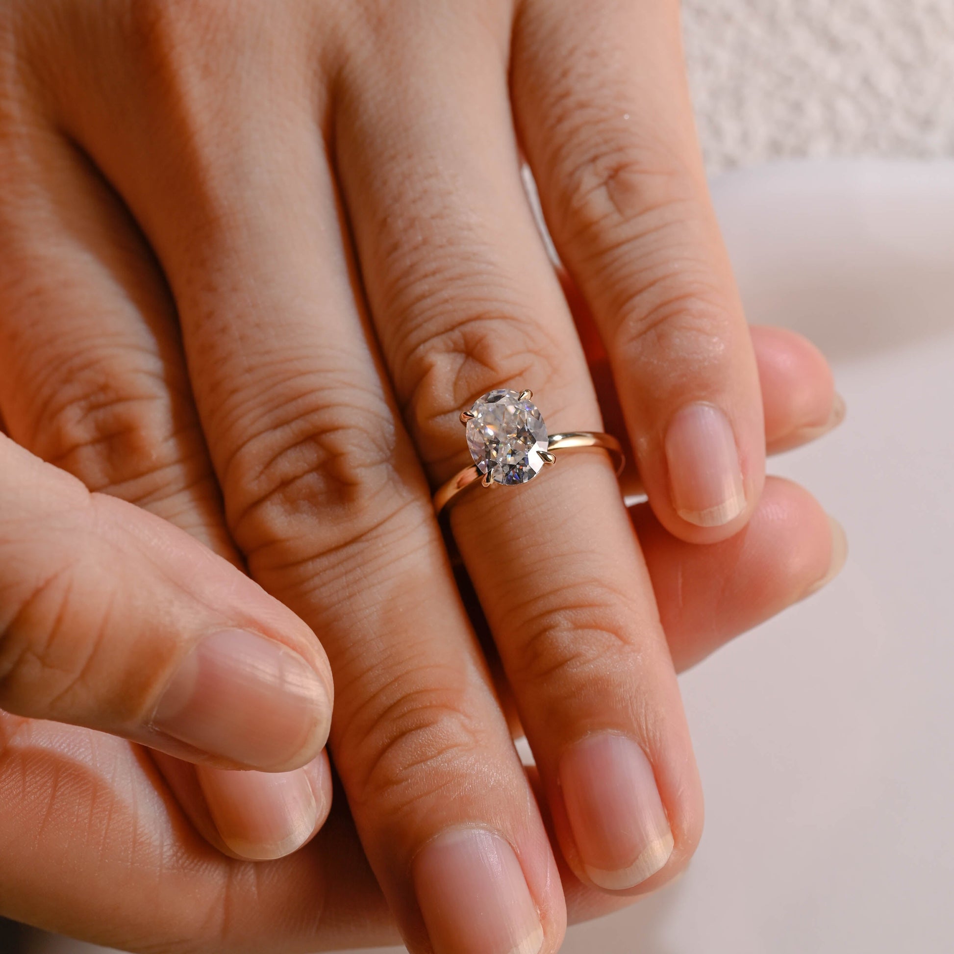 Solid Gold Solitaire Crushed Ice Oval Cut Moissanite Engagement Ring