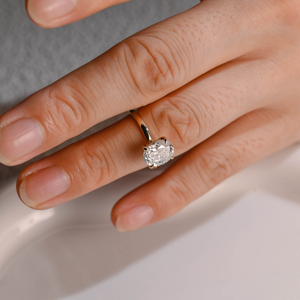 Solid Gold Solitaire Crushed Ice Oval Cut Moissanite Engagement Ring
