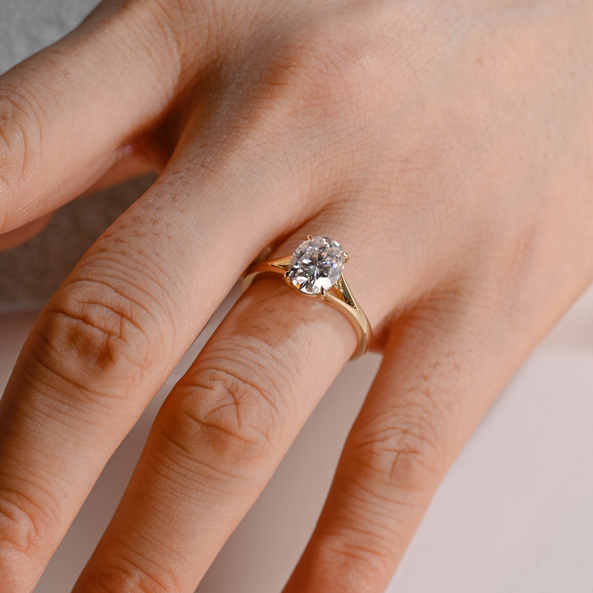 Solid Gold Solitaire Split Shank Oval Cut Moissanite Engagement Ring
