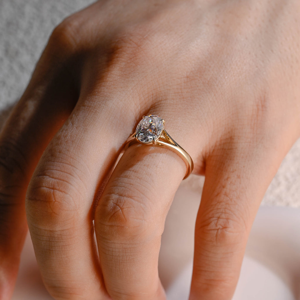 Solid Gold Solitaire Split Shank Oval Cut Moissanite Engagement Ring
