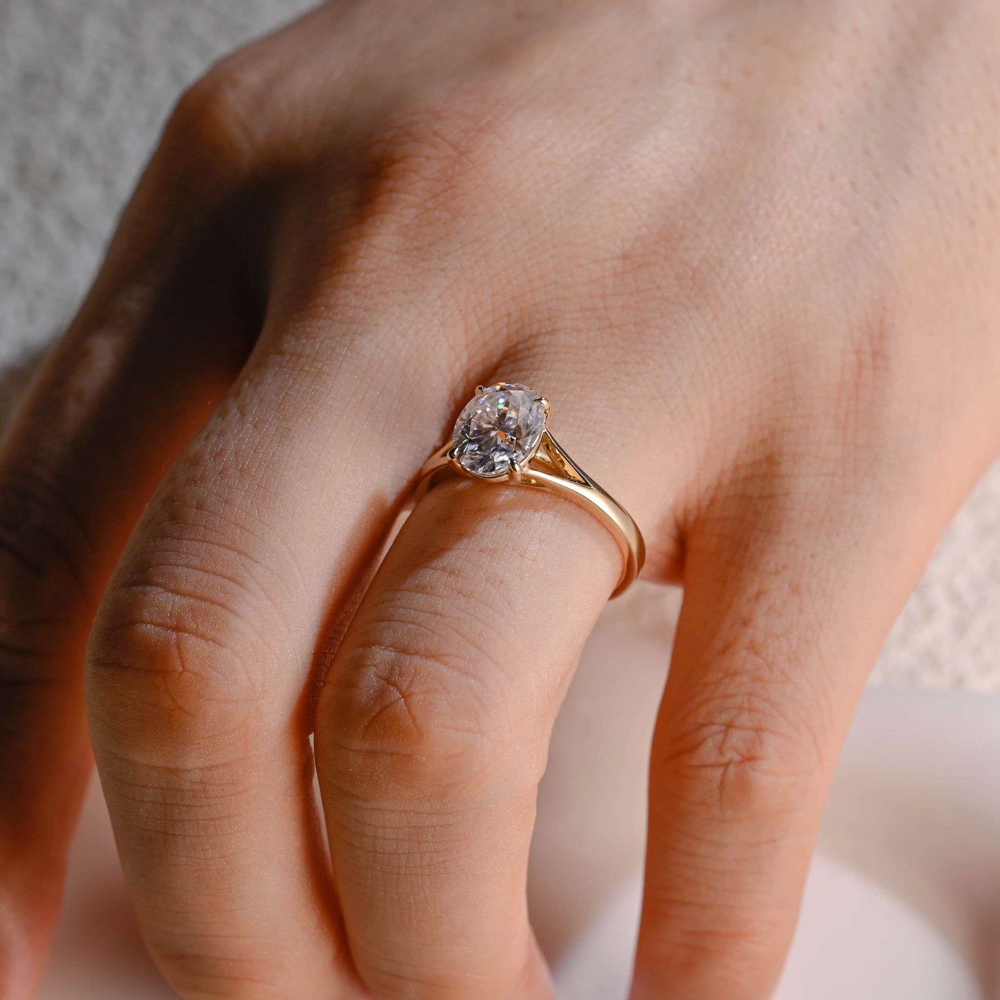 Solid Gold Solitaire Split Shank Oval Cut Moissanite Engagement Ring