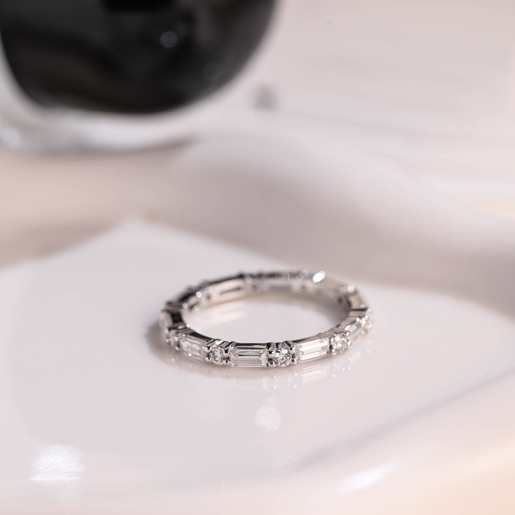 Solid Gold Full Eternity Baguette & Round Cut Moissanite Wedding Band
