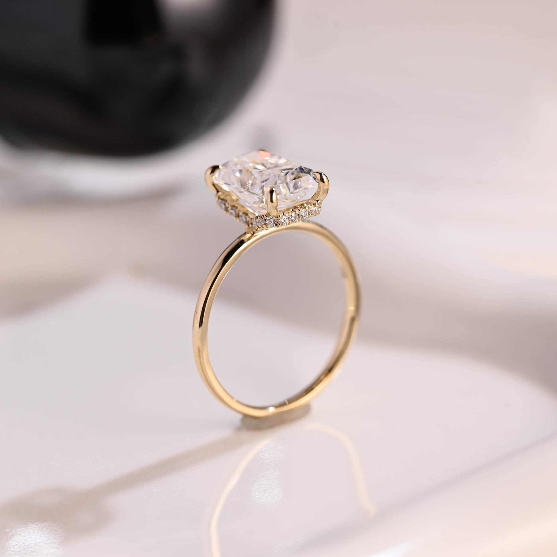 Solid Gold Hidden Halo Radiant Cut Moissanite Engagement Ring