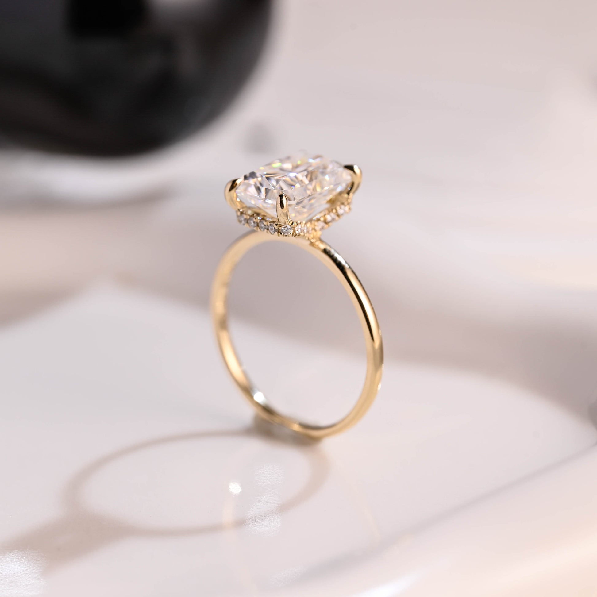 Solid Gold Hidden Halo Radiant Cut Moissanite Engagement Ring