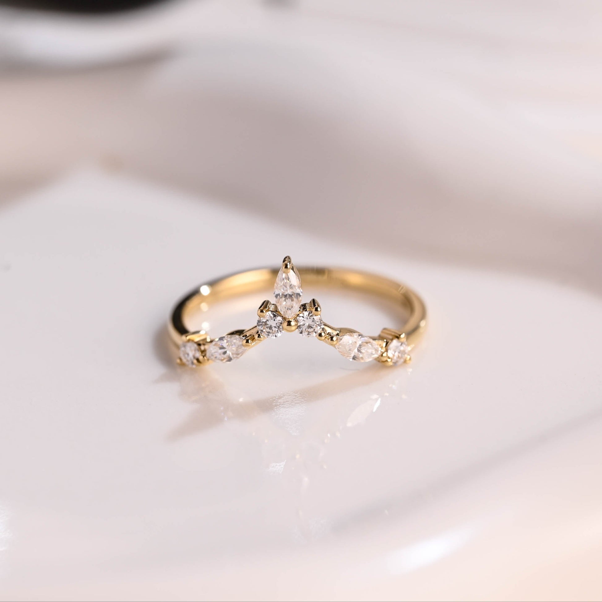 Solid Gold Curved Marquise & Round Cut Moissanite Wedding Band
